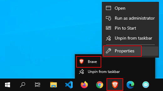 Open Brave taskbar shortcut properties
