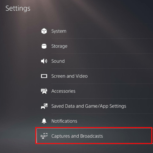 Open Captures and Broadcasts settings on a PlayStation 5
