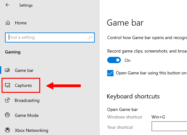 Open Captures settings in Windows 10