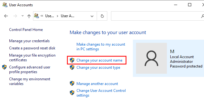 Open change account name setting in Windows 10