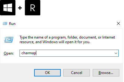 Open Character Map in Windows 10 via Run dialog