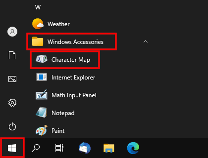 Open Character Map in Windows 10 via start menu
