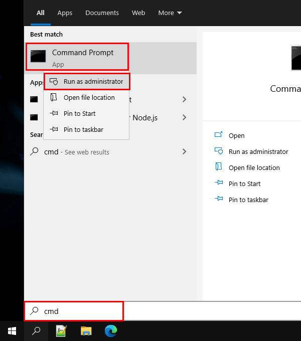 Open Command Prompt as administrator in Windows 10
