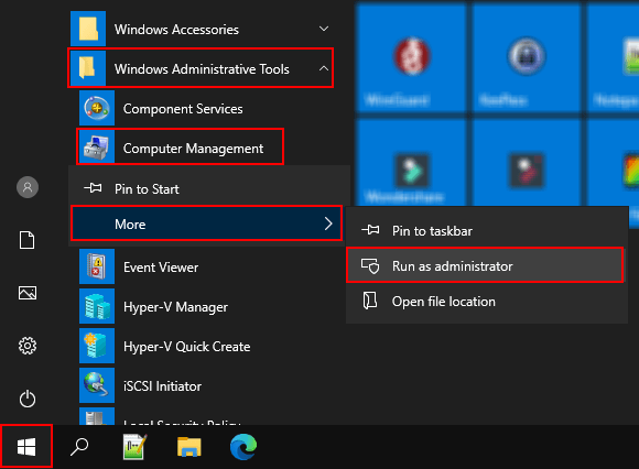 Open Computer Management as administrator in Windows 10