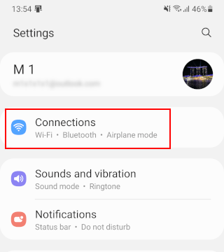 Open connections settings on an Android phone
