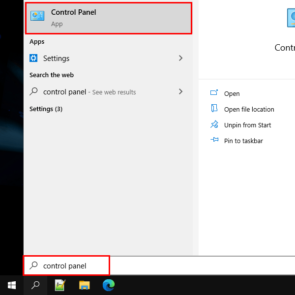 Open Control Panel in Windows 10 via search