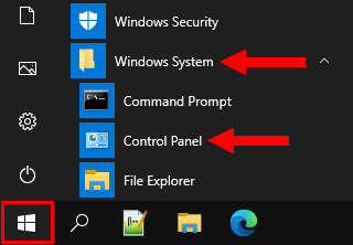 Open Control Panel in Windows 10 via start menu