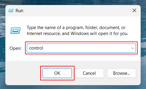 Open Control Panel in Windows 11 using Run