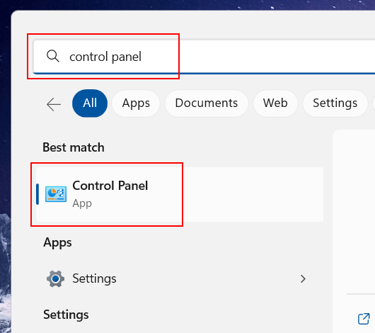 Open Control Panel in Windows 11 using the search feature