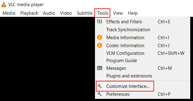 Open Customize Interface settings in VLC media player