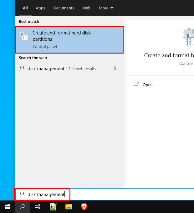 Open Disk Management in Windows 10
