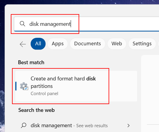 Open Disk Management in Windows 11 using search