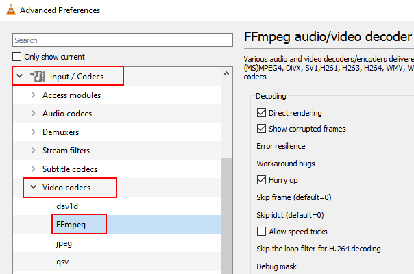Open FFmpeg settings in VLC media player