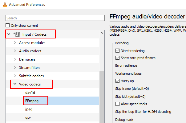 Ouvrir les paramètres FFmpeg dans le lecteur multimédia VLC