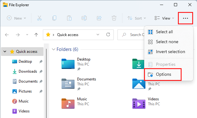 Open File Explorer options in Windows 11
