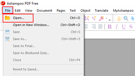 Open file menu entry in Ashampoo PDF Free