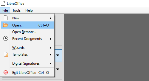 Open file menu entry in LibreOffice