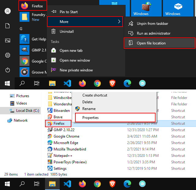 Open Firefox start menu shortcut properties