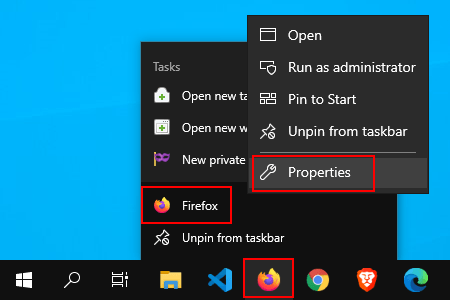 Open Firefox taskbar shortcut properties