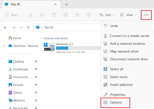 Ouvrir les options de dossier dans Windows 11