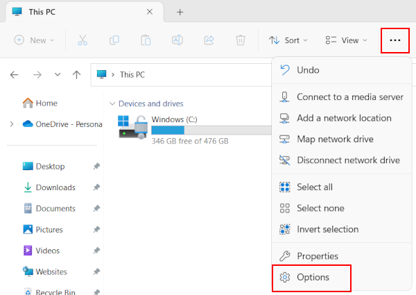 Open Folder Options in Windows 11