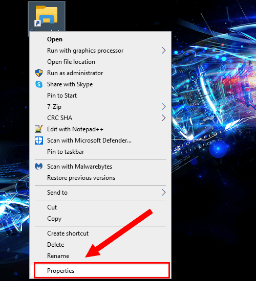 Open folder shortcut properties