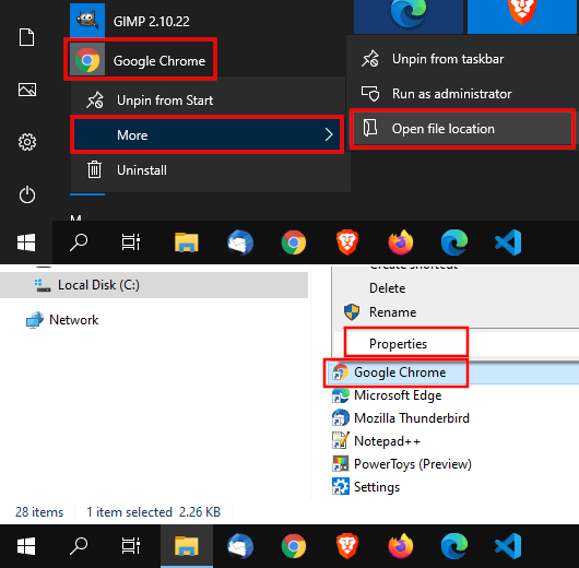 Open Google Chrome start menu shortcut properties