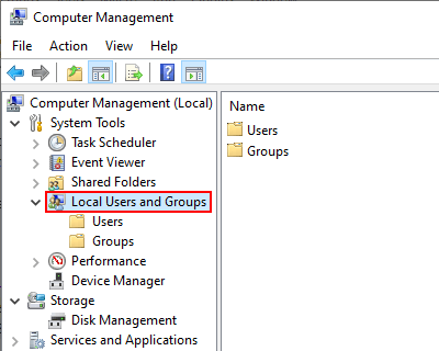 Open Local Users and Groups settings in Windows 10