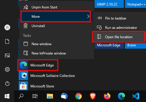 Open Microsoft Edge start menu shortcut properties