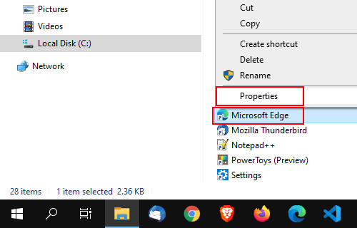 Open Microsoft Edge start menu shortcut properties