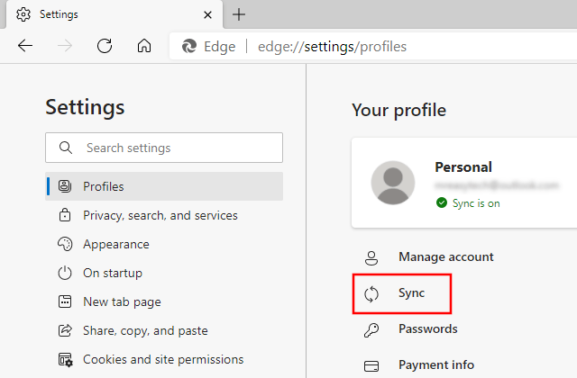 Open Microsoft Edge sync settings