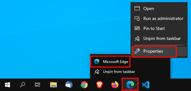 Open Microsoft Edge taskbar shortcut properties