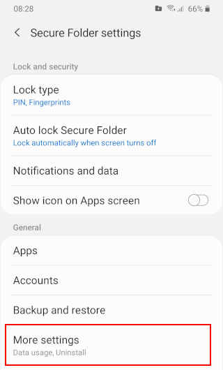 Open more Secure Folder settings in a Samsung phone
