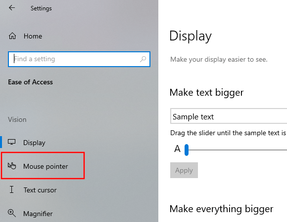Open mouse pointer settings in Windows 10