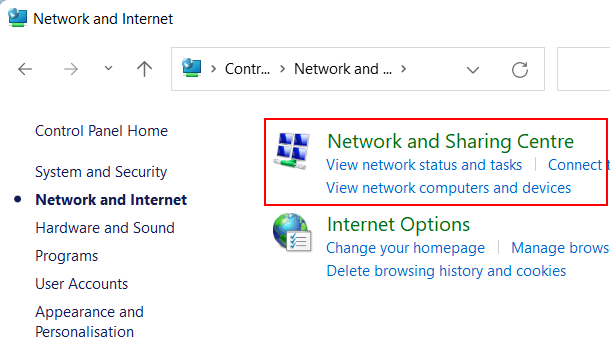 Open Network and Sharing Centre in Windows 11