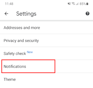 Open notifications settings in Google Chrome for Android