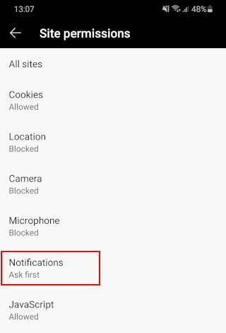 Open notifications settings in Microsoft Edge for Android