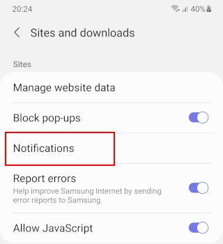Open notifications settings in Samsung Internet