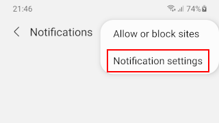 Open notifications settings in Samsung Internet