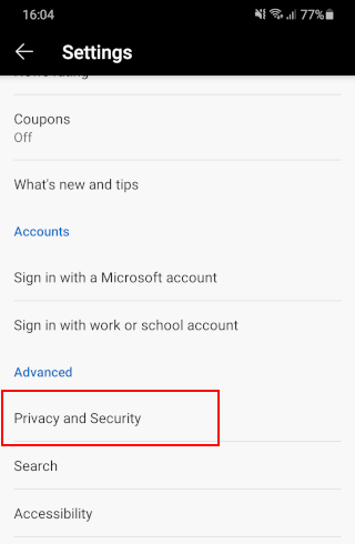 Open privacy and security settings in Microsoft Edge on Android