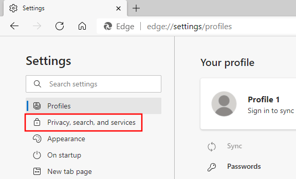 Open privacy, search, and services settings in Microsoft Edge