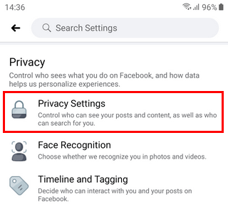 Open privacy settings in Facebook app