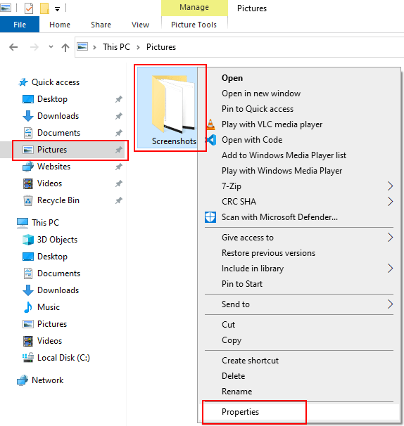 Open properties of Screenshots folder in Windows 10