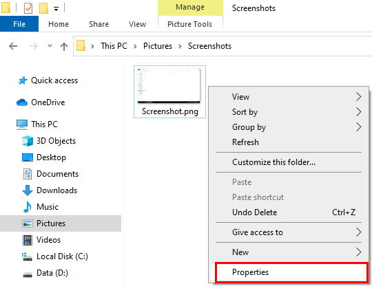Open properties of Screenshots folder in Windows 10