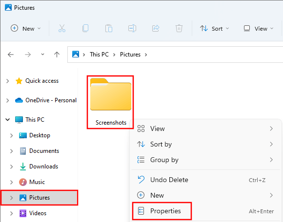 Open properties of Screenshots folder in Windows 11
