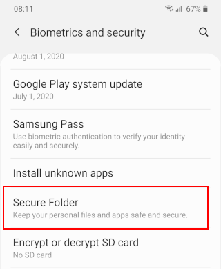 Open Secure Folder settings on a Samsung phone