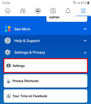Open settings in Facebook app