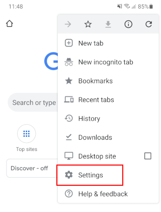 Open settings in Google Chrome for Android
