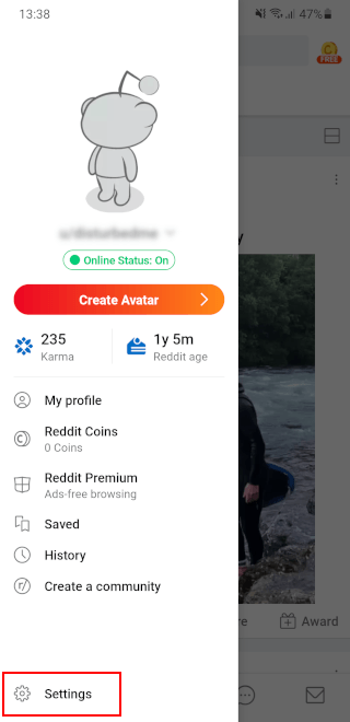 Open settings in the Reddit app on Android