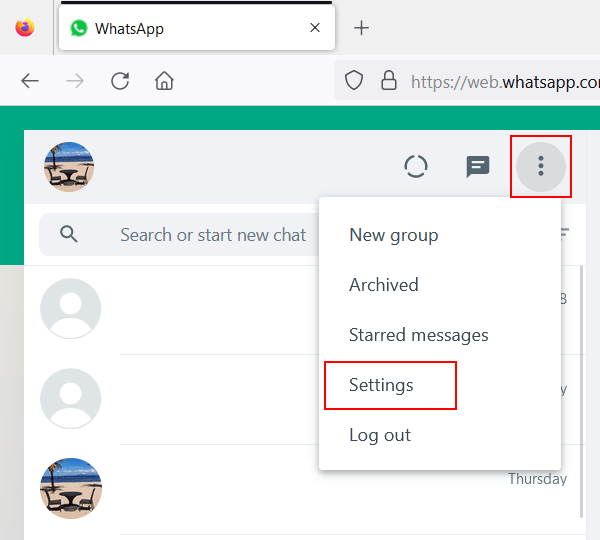 Open settings on WhatsApp Web